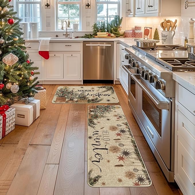 Artoid Mode Holly Ornament Merry Christmas Kitchen Mats Set of 2, Winter Home Decor Low-Profile Kitchen Rugs for Floor - 17x29 and 17x47 Inch