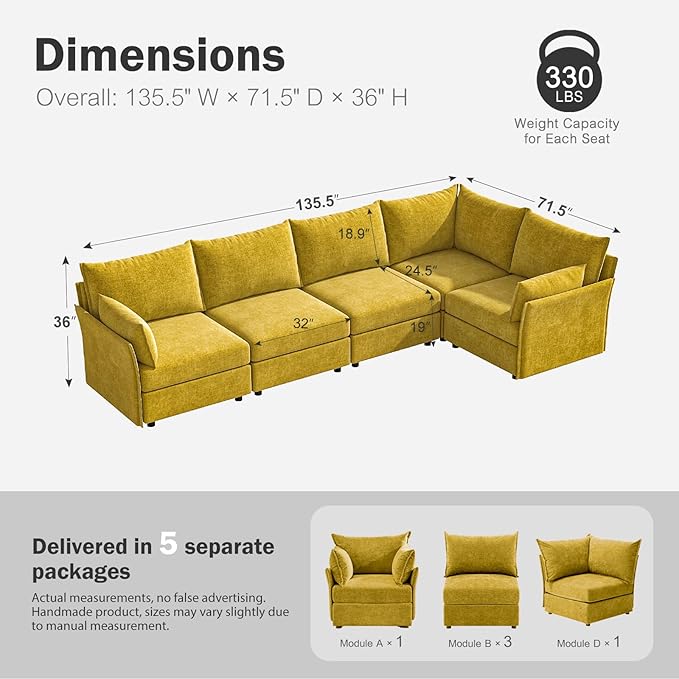 135.5" Oversized Modular Sectional Sofa, L Shaped Convertible Couch with Movable Ottoman, 5 Seat Corner Couches for Living Room Deep Seat Yellow Chenille