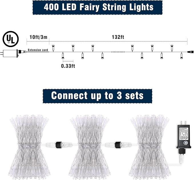 132FT 400 LED White String Lights Indoor Bedroom, 8 Modes White Christmas Lights Outdoor Clear Wire, Plug in Twinkle Fairy Lights for Bedroom Wedding Tree Christmas Decorations