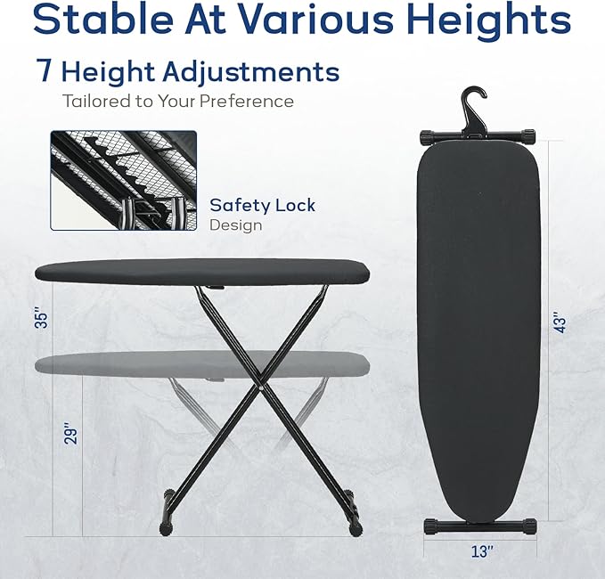 Ironing Board 43x13 with Iron Rest, RAINHOL Compact Iron Board Full Size with Thick Cover and Pad, Easy Storage Hanger with Heat-Resistant Silicone Pad, Space Saving and Height Adjustable, Black