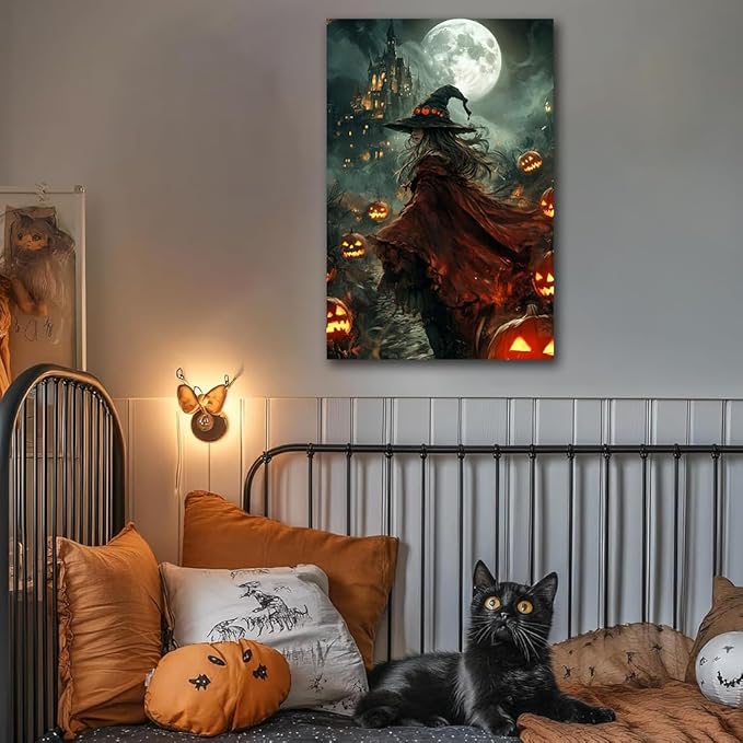 Dark and Moody Gothic Witch Poster Wall Art,Vintage Rustic Witch in Cloak with Castle Pumpkin Road Dark Gothic Poster,Goth Spooky Season Halloween Prints for Fantasy Office,24"x36" Framed