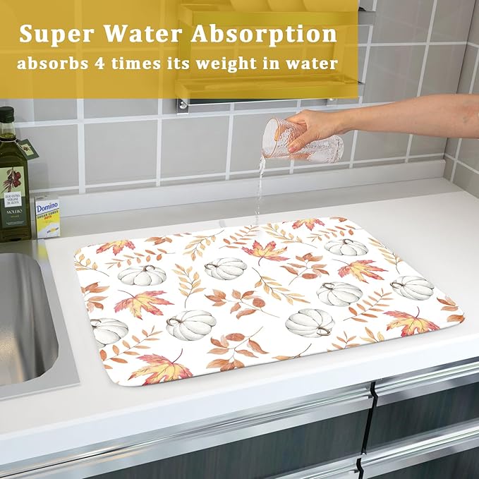 Fall Dish Drying Mat for Kitchen Counter Autumn White Pumpkins Maple Leaves Seasonal Super Absorbent Reversible Microfiber Kitchen Countertop Protector Dishes Pad Large 18x24 inch