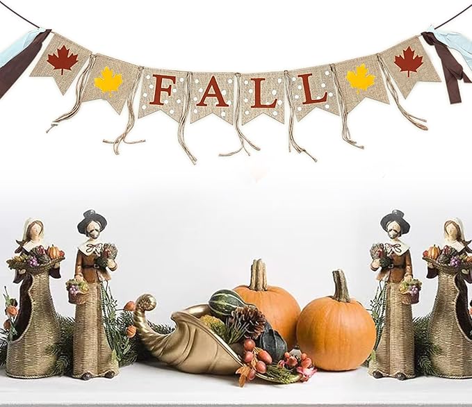 Happy Fall Burlap Banner, Fall Sign Rustic Maple Leaf Flag Natural Fall Harvest Banner for Autumn Home Party School Party Thanksgiving Day Decoration