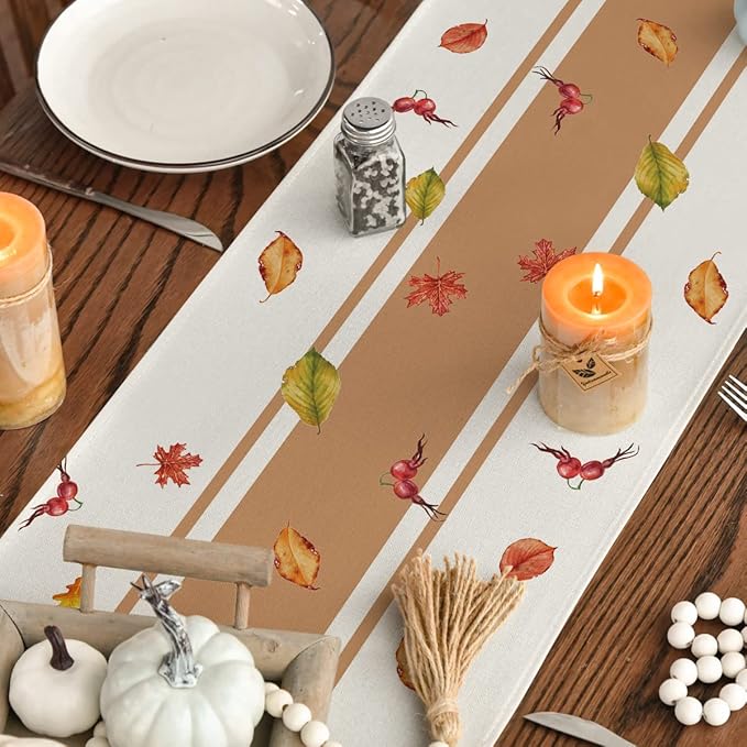 Artoid Mode Thankful Fall Pumpkin Leaves Floral Vases Table Runner, Autumn Thanksgiving Kitchen Dining Table Decoration for Home Party Decor 13x36 Inch