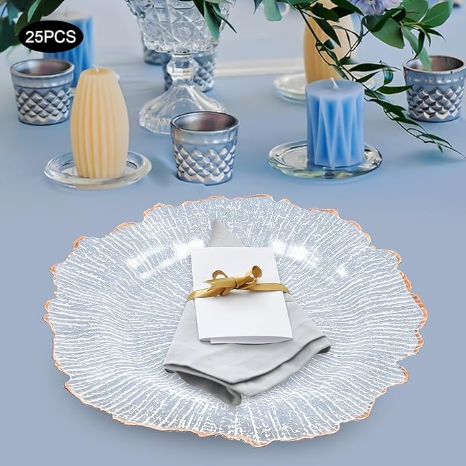 Charger Plates Set Round Embossed Dinner Plate Chargers Plastic Elegant Floral Plates for Dinner Wedding Party Event Table Kitchen Decoration 25PCS (Clear Gold 25pcs)