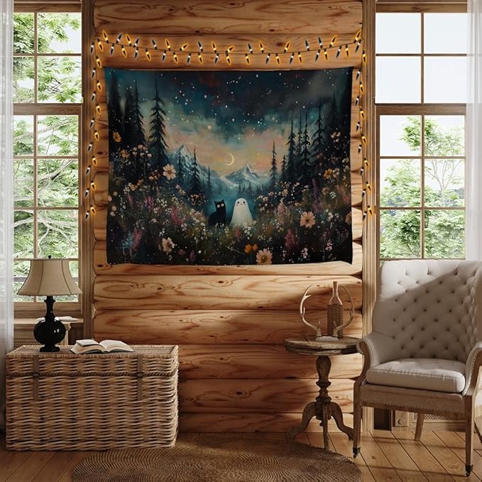 Whimsical Halloween Tapestry Wall Hanging Ghost and Black Cat in Magical Forest Wildflowers Meadow Tapestry Art Print Charming Spooky Fall Season Tapestries for Living Room Bedroom Decor 40x60inch