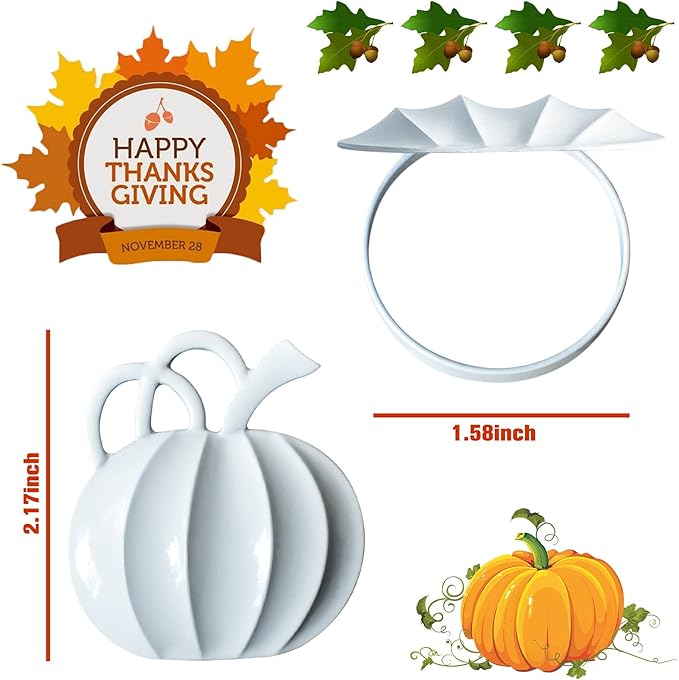 Halatool Set of 12 Thanksgiving Napkin Rings- Fall Harvest Pumpkin Napkin Holder, Alloy Dinner Tables Napkin Ring Decoration for Thanksgiving Weddings Holidays Gathering Party (White)