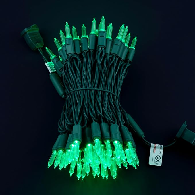 100 One-Piece LED Outdoor String Lights, 33 ft Cord High Waterproof UL Certified T5 Green Christmas Lights