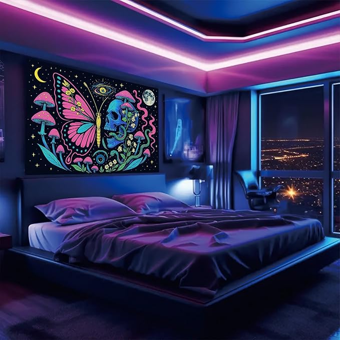Starlit Patio Butterfly Skull Blacklight Tapestry UV Reactive Wall Hanging Mushrooms Snake and Cosmic Moon for Bedroom Dorm Living Room Glowing Psychedelic Decor Fluorescent Trippy Poster 78 x 59 Inch