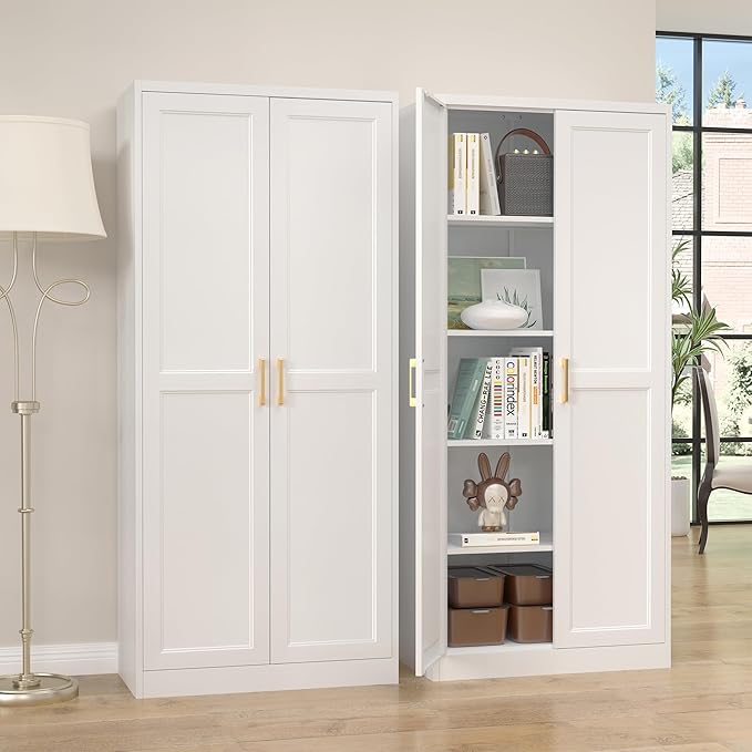 Kitchen Pantry Cabinet,71”White Metal Pantry Storage Cabinet with Doors and 4 Adjustable Shelves,Kitchen Cabinet with 2 Gold Handles,Tall Cabinet for Livingroom,Pantry, Bathroom,Kitchen