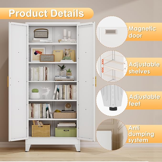 75" Tall Metal Kitchen Pantry Storage Cabinet, Freestanding Cupboard with 2 Doors and 5 Adjustable Shelves, Standing Storage for Kitchen, Bathroom, Garage, Dinning Room or Utility Room(White)