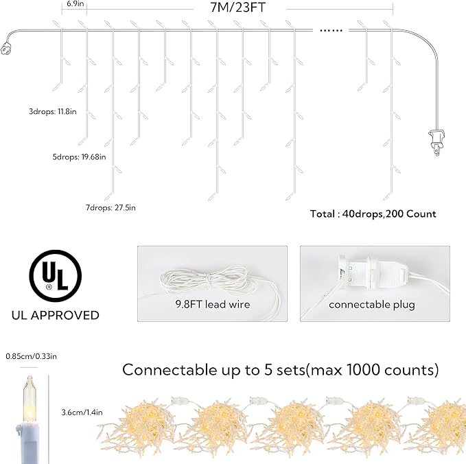 200 Christmas Icicle Lights, Warm White Clear Bulbs with 23FT Long White Wire, Professional Grade String Lights for Indoor & Outdoor,Xmas,Party, Patio, Courtyard, Window, Fence, Trees Decor