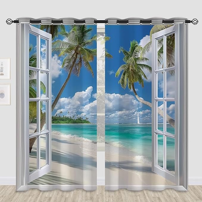 Beach Blackout Curtains for Girls Boys Teens Home Decor, Tropical Summer Scene Ocean Island Palm Tree Grommet Thermal Insulated Drapes Darkening Window Curtain for Bedroom Living Room, 84 x 84 Inch