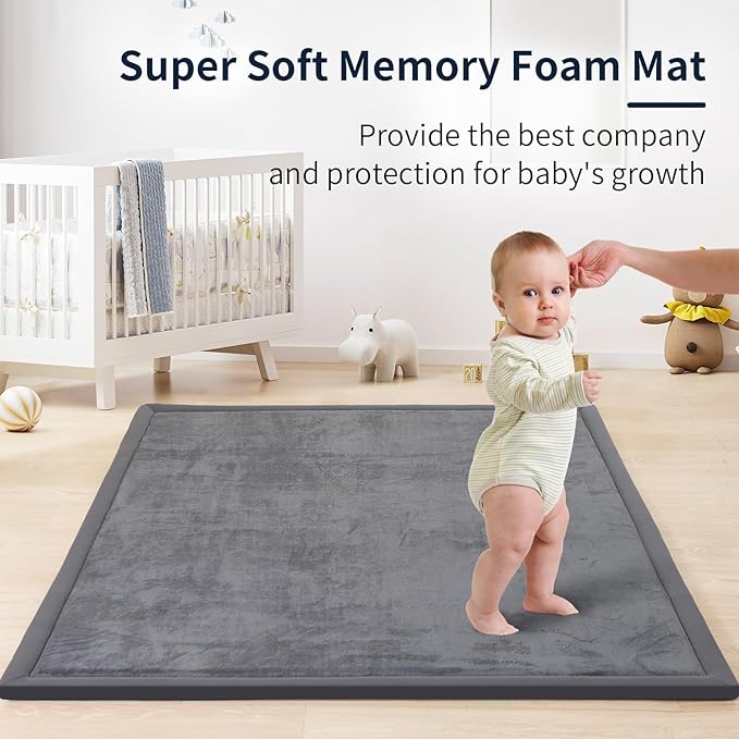 ACOMOPACK Baby Play Mat for Floor 1.3" Thick Memory Foam Play Mat 79"×118" Tummy Time Crawling with Non-Slip Bottom for Living Room,Nursery,Soft Velvet Playpen Mats for Kids,Infants(Dark Grey)