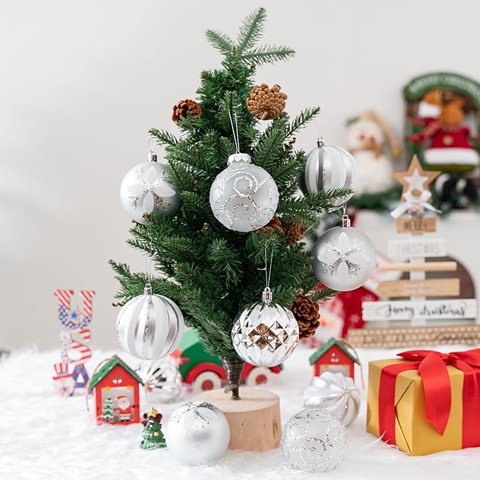 16Pcs Christmas Ball Ornaments Set, 3.15" Shatterproof Christmas Ornaments, Luxury Glitter Hanging Ornaments for Xmas Tree, Xmas Holiday, Party, Wedding (Silver)