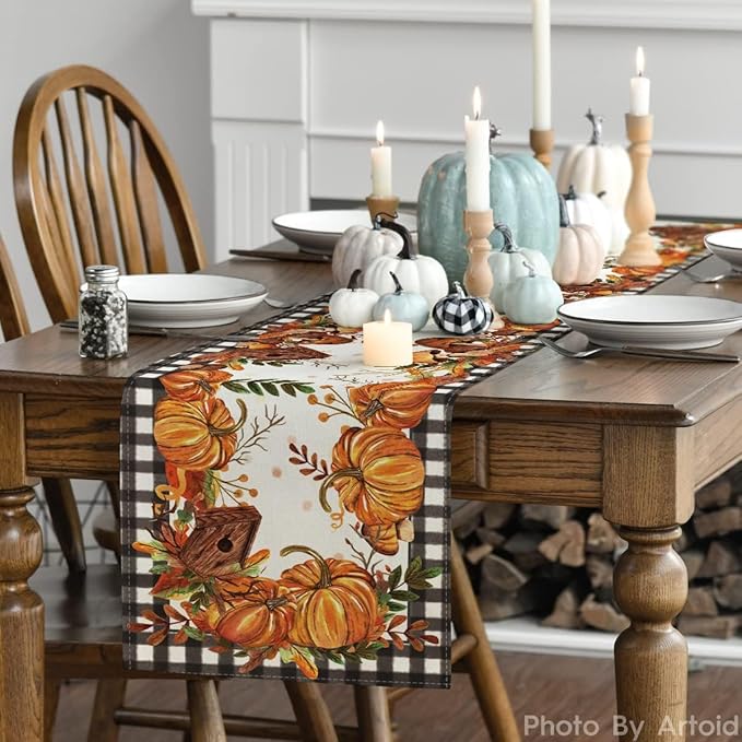 Artoid Mode Buffalo Plaid Pumpkin Mushroom Birdhouse Leaves Fall Table Runner, Autumn Kitchen Dining Table Decoration for Home Party Decor 13x60 Inch