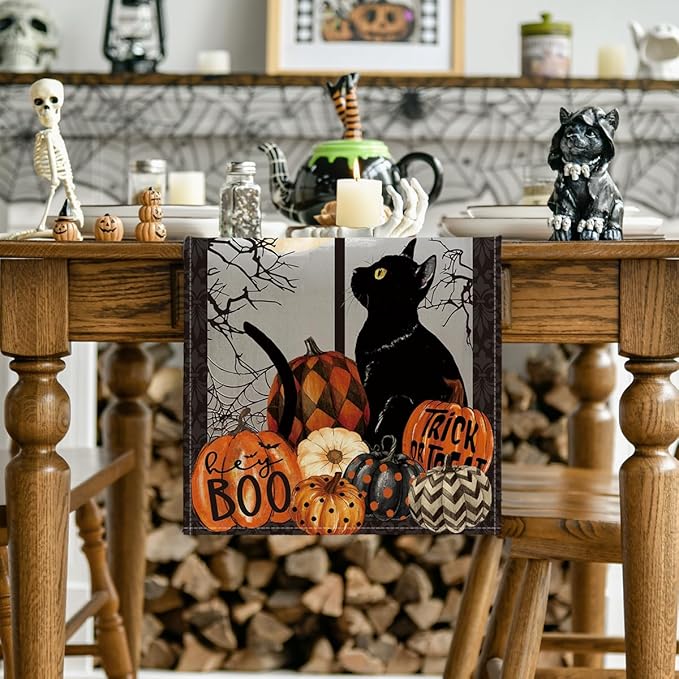 Artoid Mode Black Cat Pumpkins Boo Halloween Table Runner, Trick Or Treat Seasonal Kitchen Dining Table Decoration for Home Party Decor 13x60 Inch
