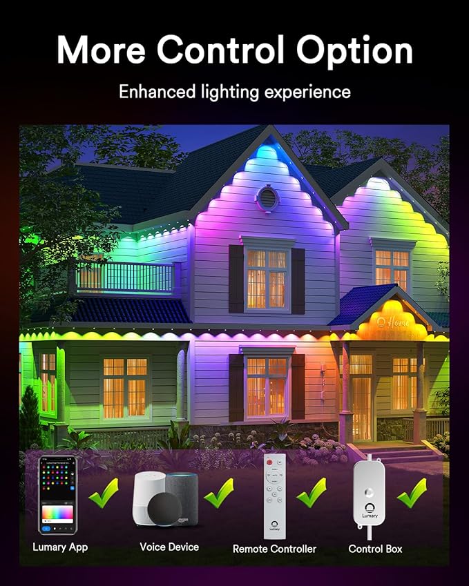 Lumary Smart Permanent Outdoor Lights Pro, 105ft with 80LED 50lm RGBAICW Eave Lights, IP67 Waterproof, Multi Scenes for Daily and Accent Lighting Decor, Work with Alexa, Google, APP, Remote Control