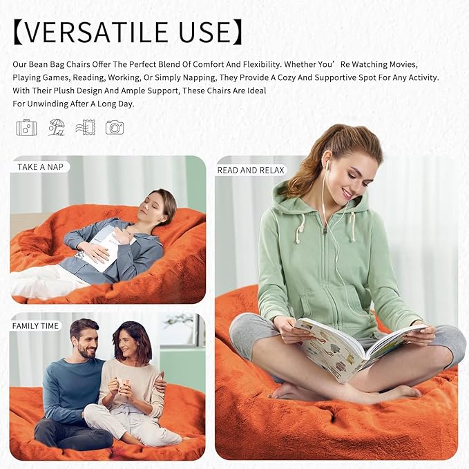 Bean Bag Chair for Adults 8FT,Soft Removable Cover for Teens/Girls Bedroom,Fluffy Giant Round Floor Beanbag Lounger Chairs (No Filler,Orange)