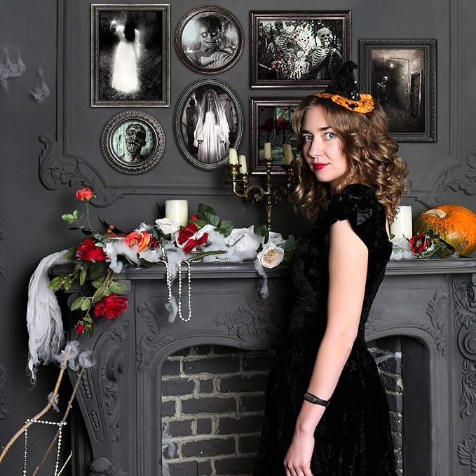 15 Halloween Gothic Creepy Skull Photos Haunted Horror Picture Frame, Waterproof Durable, with 80pcs Self Adhesive Dots,Creepy Photo Decoration For Haunted Family Castle Masquerade Party Black