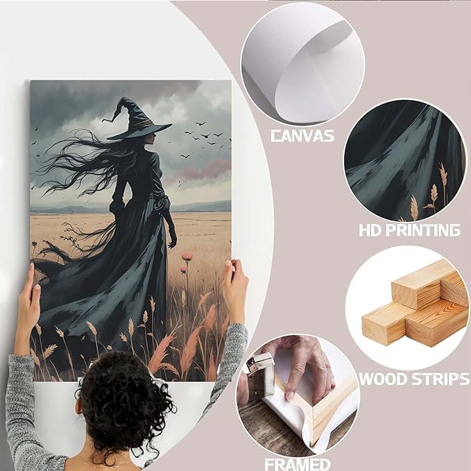Gothic Decor Canvas Wall Art Witch in Rice Field Halloween Art Decor Print Nature Print Victorian Home Bedroom28x40in Wood Framed