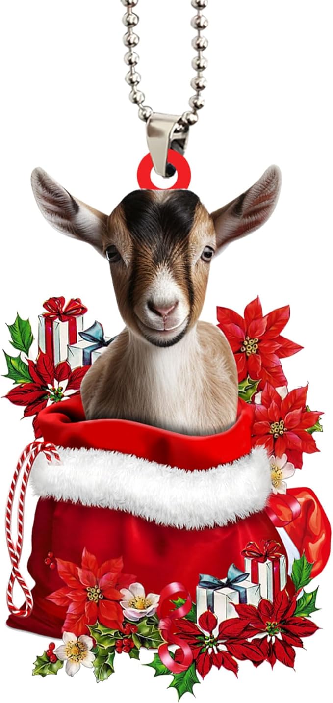 Talataca Goat 2D Flat Christmas Ornament, Goat in Red Santa Gift Bag Pine Tree Decor, Hanging House Charm Eve Keepsake, Car Rear View Mirror Accessories, Xmas Gift