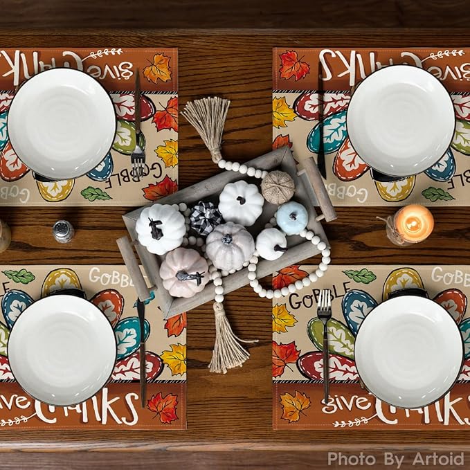 Artoid Mode Turkey Give Thanks Thanksgiving Placemats Set of 4, 12x18 Inch Seasonal Table Mats for Party Kitchen Dining Decoration