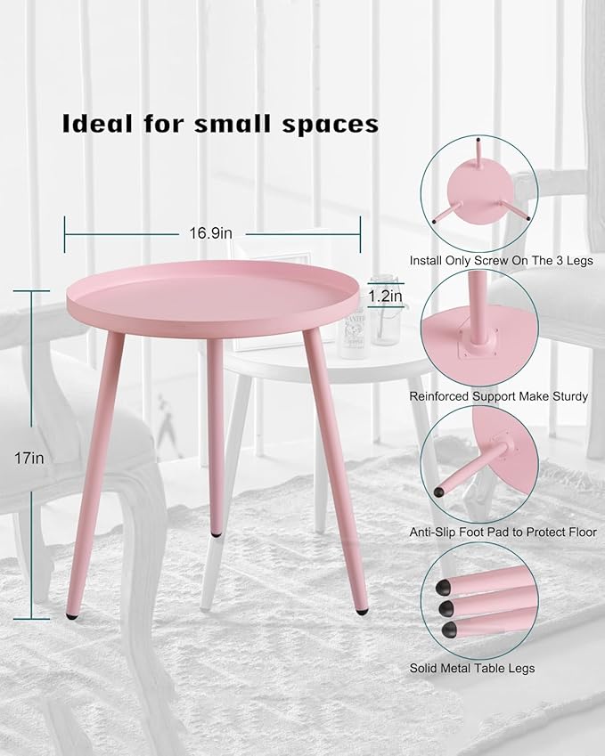 AOJEZOR Side Table: End Table for Any Room - Round Side Tables for Small Spaces - Pink with 3 Legged