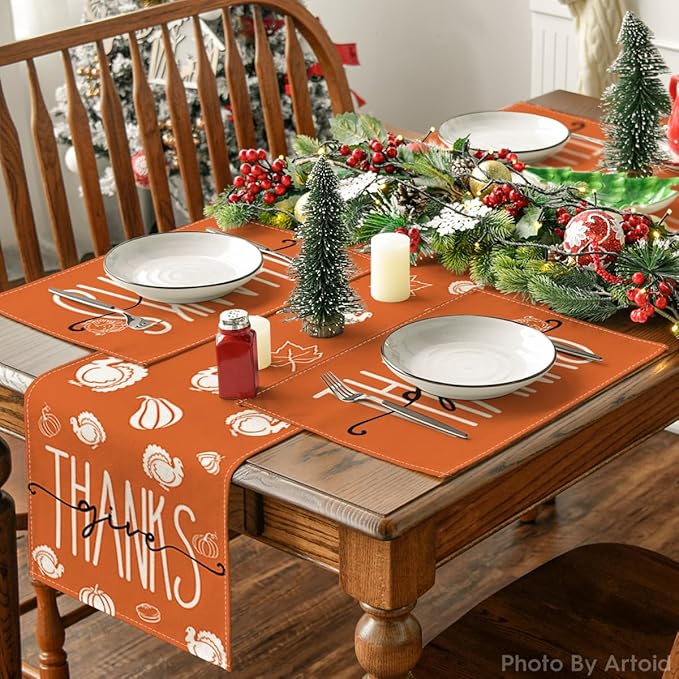 Artoid Mode Pumpkins Give Thanks Turkey Fall Placemats Set of 6, 12x18 Inch Pumpkin Pie Thanksgiving Table Mats for Party Kitchen Dining Decoration