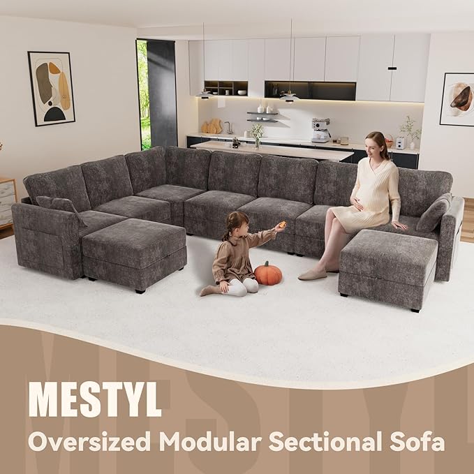mestyl Modular Sectional Sofa Convertible L Shaped Sofa Couch Set with Storage for Living Room, Modern 4 Seater Modular Sectional Couch with Movable Ottoman (Grey)
