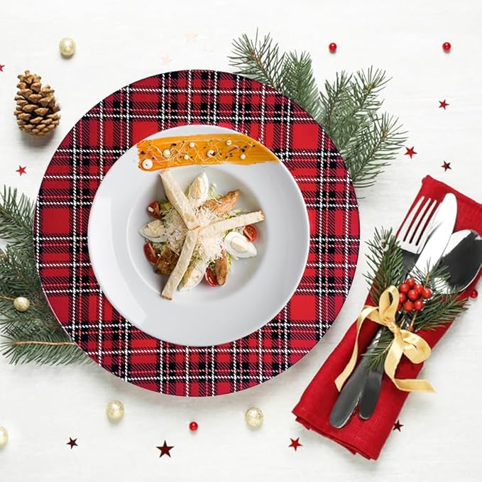Henilosson Round 13 inch Charger plate - Classic Red Plaid design Charger - Christmas and New Year placemat (6, red+line)