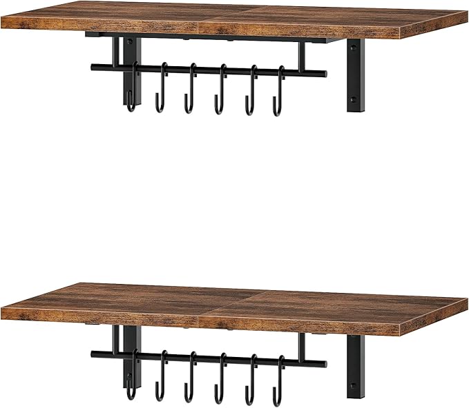 Wall-Mounted Pot Racks, Set of 2 Hanging Pot Rack, Floating Shelves, Wall Shelves, Vintage Pot Hangers for Kitchen, Wall Rack for Kitchen Storage, Rustic Brown and Black TPR26P2BF