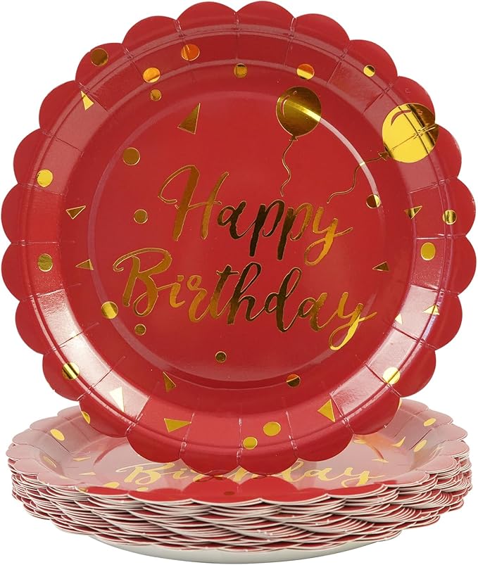 50PCS Happy Birthday Paper Plates - 7 Inch Birthday's Cake Plates Scalloped Dessert Plate Disposable Party Tableware Decorations for Birthday's Party Supplies (Red Birthday, 7 Inch)