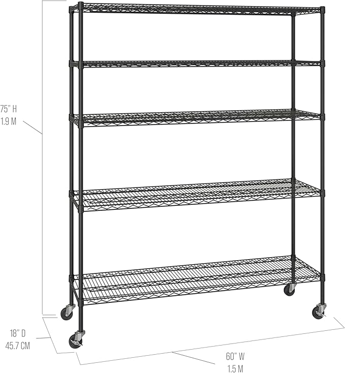 Seville Classics UltraDurable Heavy Duty NSF Solid Steel Wire Rack Storage Unit, Organizer for Garage, Warehouse, Office, Restaurant, Classroom, Kitchen, Black, 5-Tier Shelving, 60" W x 18" D