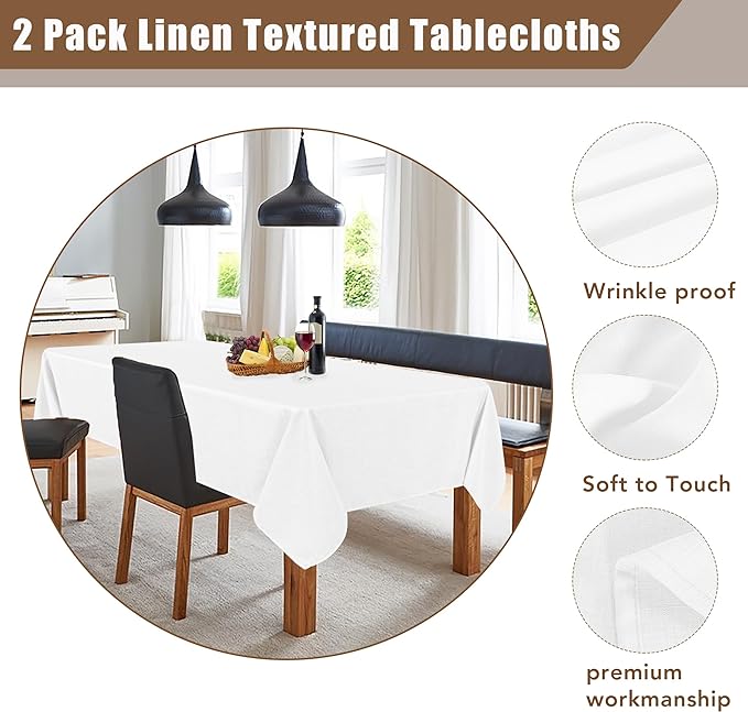 Fitable Linen Textured Tablecloths 2 Pack, Faux Burlap Rectangle Table Clothes for 6 Foot Tables, Rustic Table Covers for Buffet, Banquet, Kitchen Dining, Party, Farmhouse (White, 54 x 108 Inch)