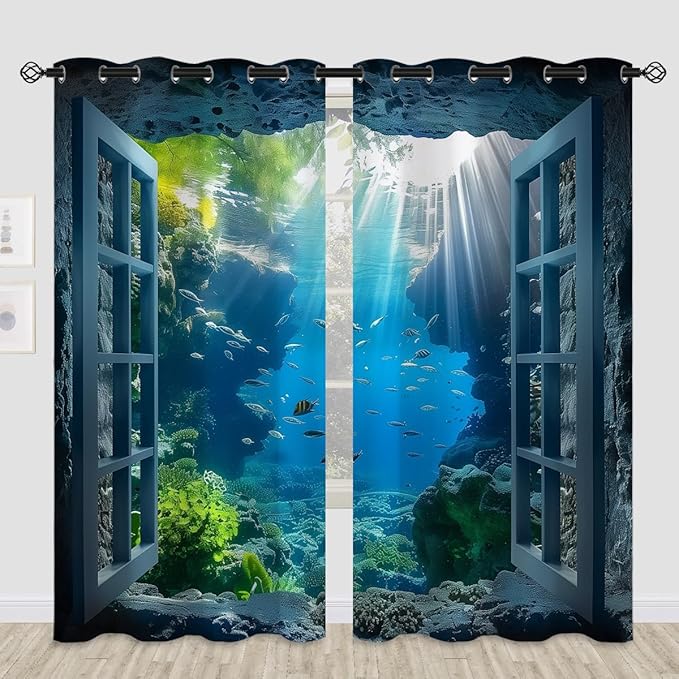 Ocean Fishs Blackout Curtains for Girls Boys Home Decor, Underwater Tropical Fish Undersea Coral Grommet Thermal Insulated Drapes Darkening Window Curtain for Bedroom Living Room, 84 x 84 Inch