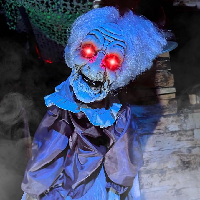 Haunted Hill Farm Lifesize Animatronic Scary Old Lady Zombie with Motion Activated Lights and Sound, Battery-Operated Indoor or Covered Outdoor Halloween Decoration