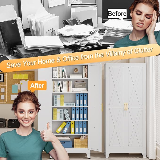 75" Tall Metal Kitchen Pantry Storage Cabinet, Freestanding Cupboard with 2 Doors and 5 Adjustable Shelves, Standing Storage for Kitchen, Bathroom, Garage, Dinning Room or Utility Room(White)