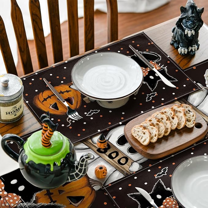 Artoid Mode Polka Dot Ghost Pumpkin Cat Boo Halloween Placemats Set of 6, 12x18 Inch Seasonal Fall Table Mats for Party Kitchen Dining Decoration