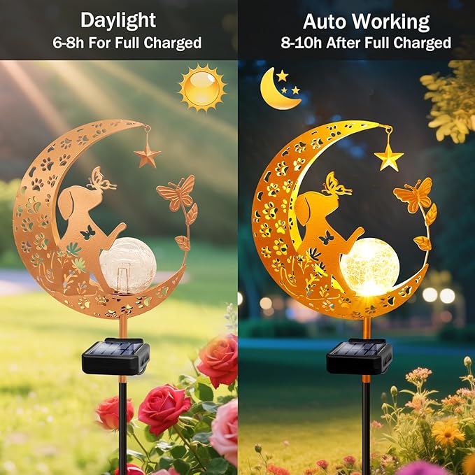 YJFWAL Garden Solar Dog Lights Pathway Stake Lights Glass Globe with Moon Dog Decor, Gifts for Mom Grandma Friends, Outdoor Decor Light Waterproof for Walkway, Yard, Patio or Garden (Warm White)