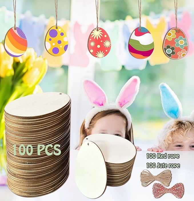 FCECOR 100PCS 4" Wooden Eggs for Crafts, Wooden Easter Eggs to Paint Wood Easter Eggs Slices DIY Crafts for Kids, Unfinished Wooden Ornaments Easter Wood Cutouts for Spring Easter Crafts, Party Decor