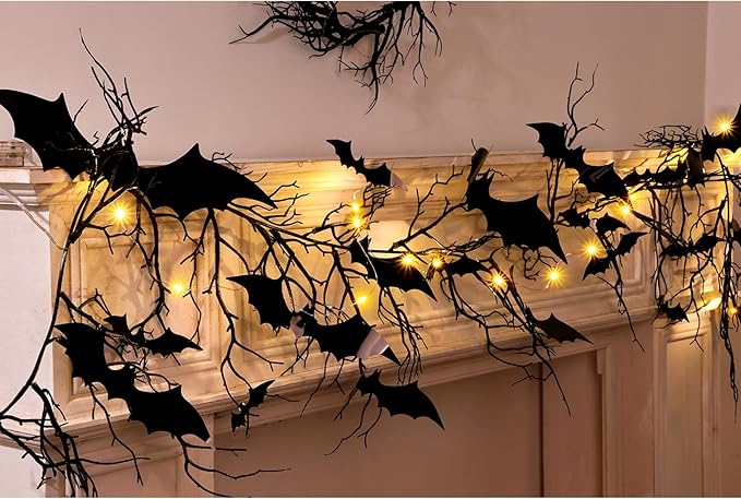 Gothic Halloween Banner: 1pc Haunted Bat Dark Dead Branch Halloween Party Banner with LED Lights, Decorative Bat Vine Twig Garland Decorations for Home Wall Mantel Doorways Front Decor