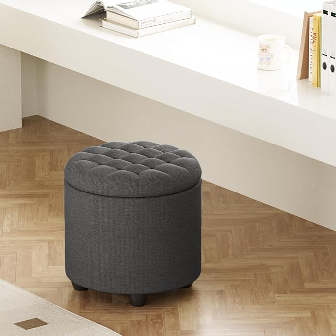 Furniliving 18.7inch Storage Round Ottoman, Footstools with Hidden Storage with Removable Lid, Stylish Button Tufted Design Ottoman Foot Stools for Living Room, Bedroom,Darkgrey