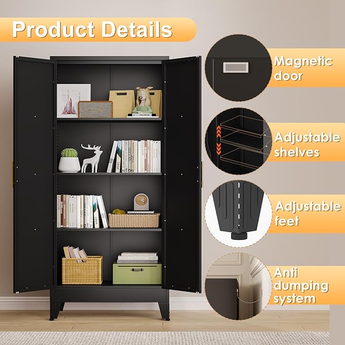 61" H Metal Kitchen Pantry Storage Cabinet, Freestanding Cupboard with 2 Doors and 3 Adjustable Shelves, Standing Storage for Kitchen, Bathroom, Garage, Dinning Room or Utility Room(Black)
