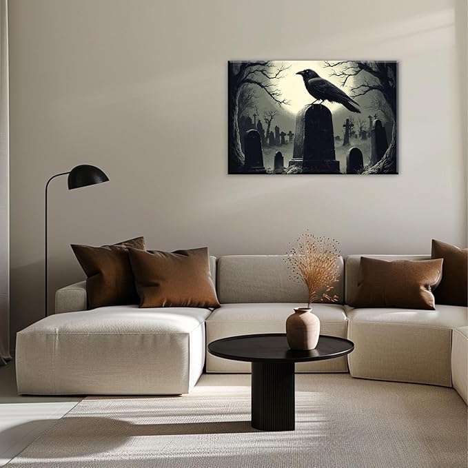 Crow Canvas Wall Art Gothic Black Bird On Branch Painting Print Spooky Forest Full Moon Scenery Poster Artwork Framed Halloween Home Decor(Artwork-3,28"x42")