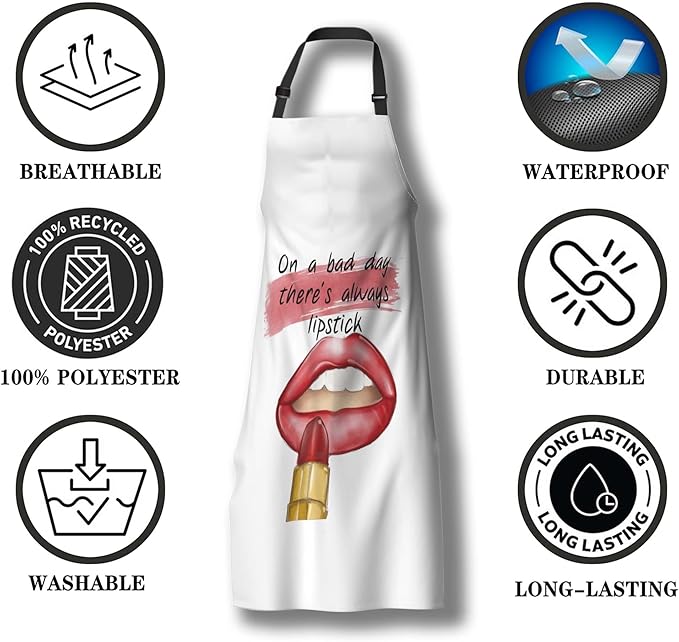 Kitchen Apron for Women Red Lips Quotes on a Bad Day There’s Always Lipstick Funny Aprons for Men for Cooking Restaurant BBQ Painting Crafting Gardening 27” (W) x 31” (H), Waterproof Apron
