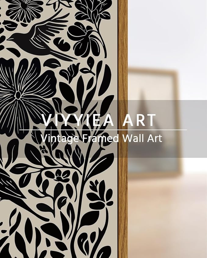 VIYYIEA Framed Canvas Wall Art, Black and White Large Wall Art for Living Room, Print Paintings, Boho Home Office Decor, Bedroom Wall Decor -【Flowers & Birds】-(24"x36")