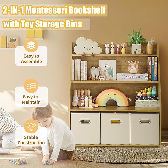 Kids Bookshelf and Toy Organizer, 3-Tier Toy Storage Organizer with 3 Movable Drawers, Montessori Toy Shelf, Nursery Book Shelves Toddler Bookshelf for Kids Room Living Room Nursery