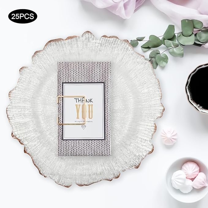 Charger Plates Set Round Embossed Dinner Plate Chargers Plastic Elegant Floral Plates for Dinner Wedding Party Event Table Kitchen Decoration 25PCS (Clear Gold 25pcs)