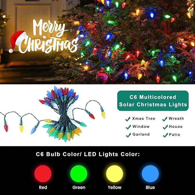 HUGSVIK 39Ft 100 LED Solar Christmas Lights Outdoor, 8 Modes C6 Strawberry Lights, Waterproof Outdoor Christmas String Lights for Xmas Tree, Holiday, Garden, Patio, Arbor Decor